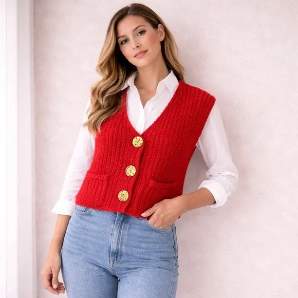 Red Chunky Knit Button Front V-Neck Sweater Vest Hammered Gold Buttons Size L - Picture 1 of 10